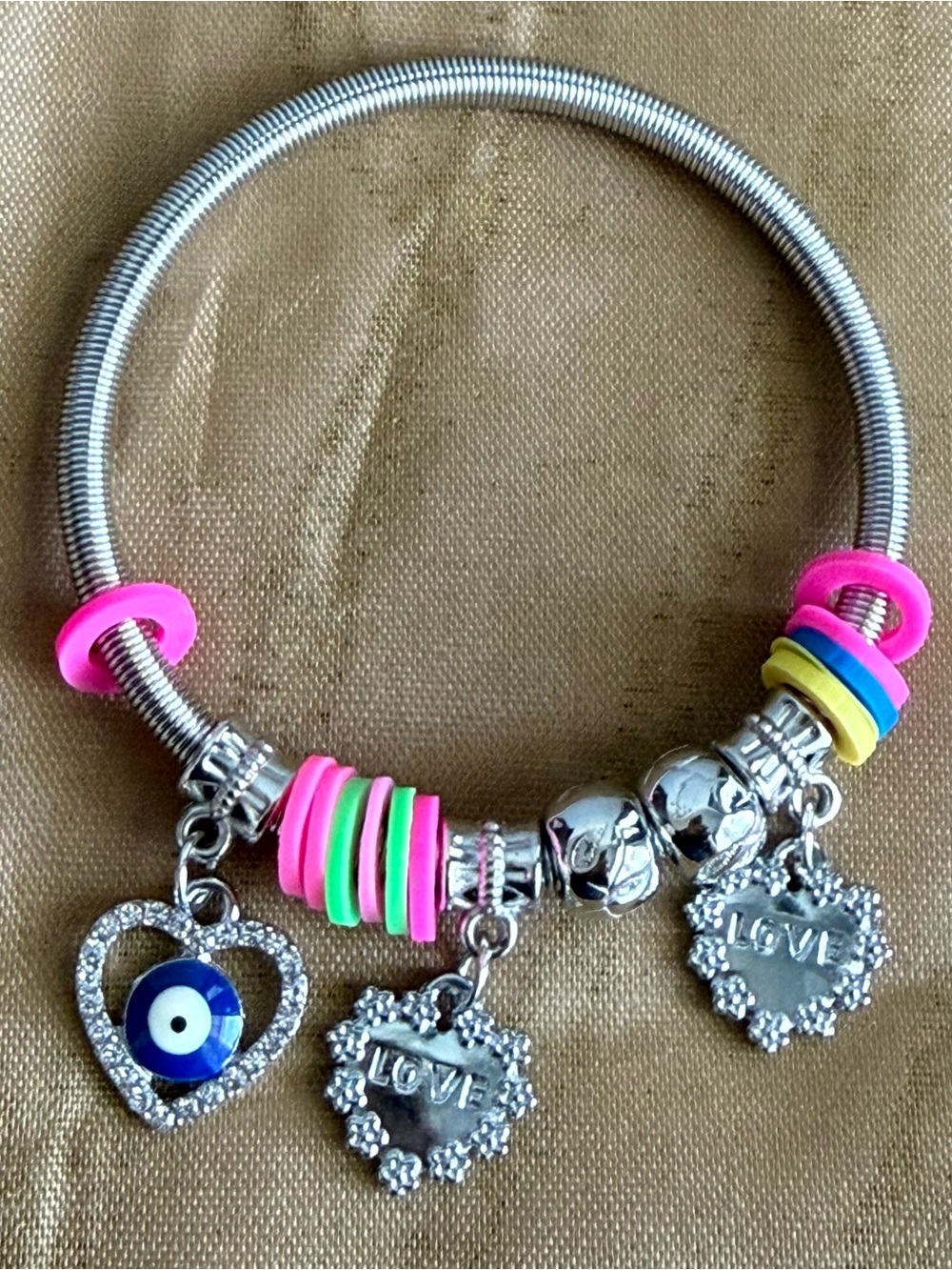 Silver-tone Charm Bangle Bracelet with Neon Beads and 'Love' Charms